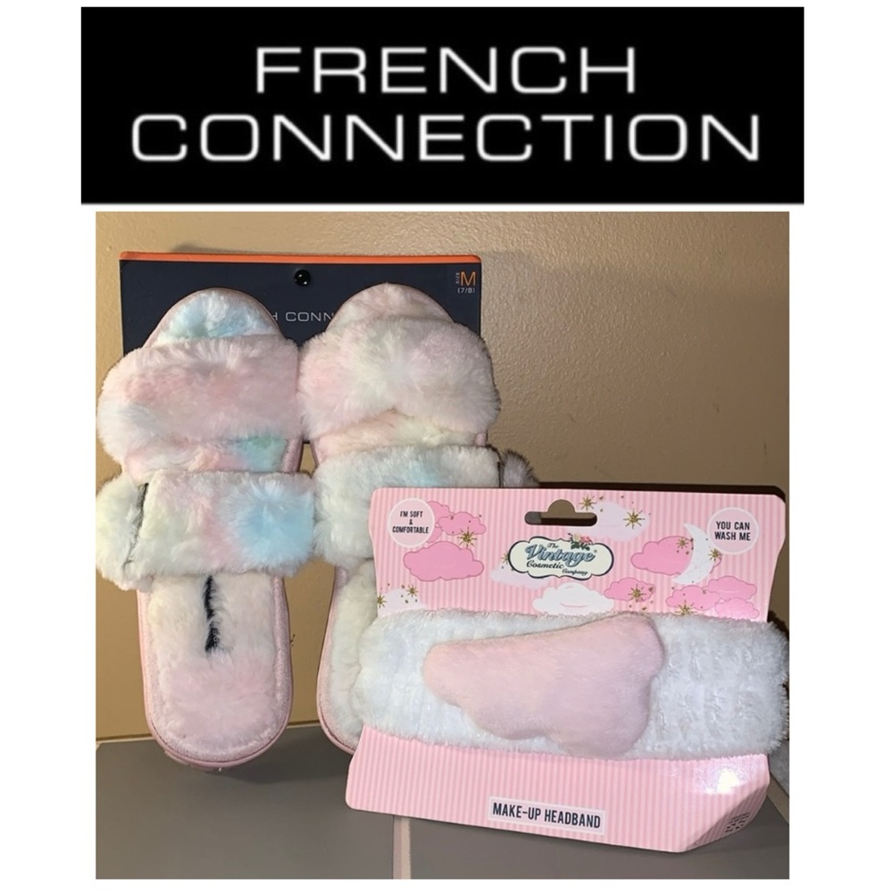 🇺🇸 FRENCH CONNECTION Pastel Faux Fur Slippers NWT M 7 - 8 Plush Headband NWT